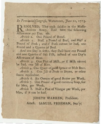 In Provincial Congress, Watertown, June 10, 1775. Resolved, That each Soldier shall have the following Allowance per Day