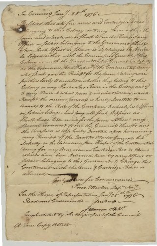 Resolution by the House of Representatives of the Massachusetts Bay Colony that discharged officers or soldiers must return arms and cartridge boxes
