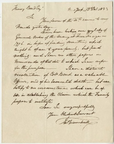 Letter, Colonel Trumbull to Henry Bond