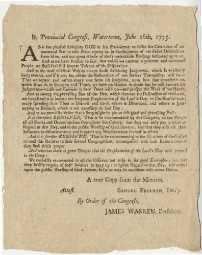 In Provincial Congress, Watertown, June 16th, 1775. As it has pleased almighty God in his Providence to suffer the Calamities of an unnatural War