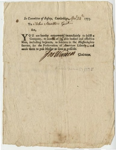 Orders from the Committee of Safety, Cambridge, to Capt John Stratton to enlist 56 men for the Massachusetts Service