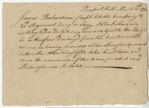 Discharge orders for James Richardson for "being a Lazy, Idle Fellow, unwilling to do his Duty, and very much subject to the Poorlys"