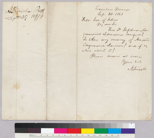 Abraham Lincoln to Secretary of Interior [Smith] regarding Dr. Stephen, congressional librarian