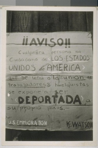 Snapshot of United States Emmigration sign warning against strikers