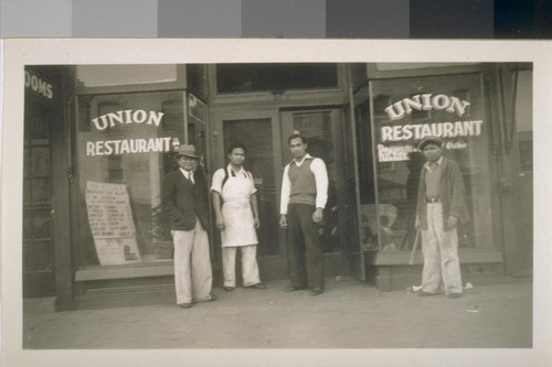 Snapshots of Filipinos in front of buildings: In front of Union Restaurant, 1206 3rd Street, Sacramento