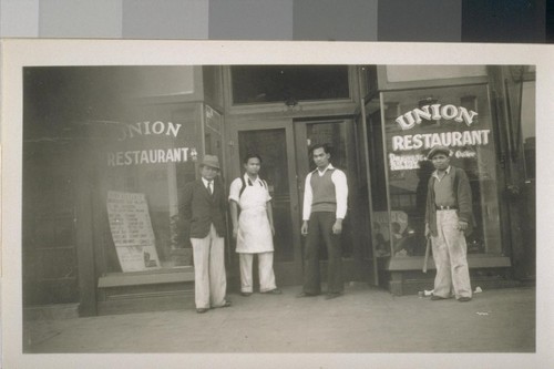 Snapshots of Filipinos in front of buildings: In front of Union Restaurant, 1206 3rd Street, Sacramento