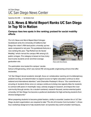 U.S. News & World Report Ranks UC San Diego in Top 10 in Nation
