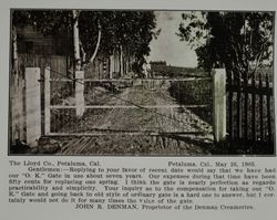 Lloyd gate at the John R. Denman, Proprietor of the Denman Creameries in Petaluma, California, as shown in the Lloyd Co. catalog for 1912