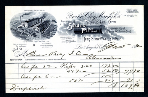 Receipt from the Pacific Clay Manufacturing Co. to the Bear Valley Irrigation Co., 1892-04-05