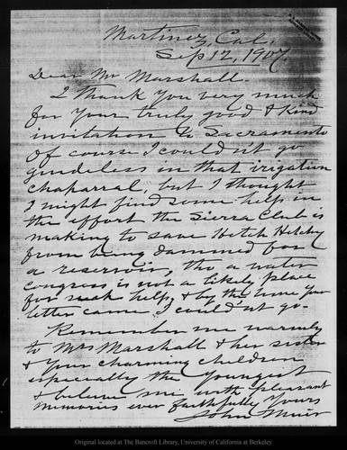 Letter from John Muir to [R. B.] Marshall, 1907 Sep 12