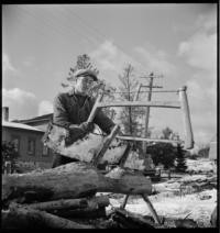 Cutting wood [Young man sawing wood]