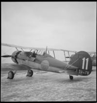 Swedish Air Force. Side view of plane for inspection by mechanics [Airplanes parked at airfield north of Stockholm]