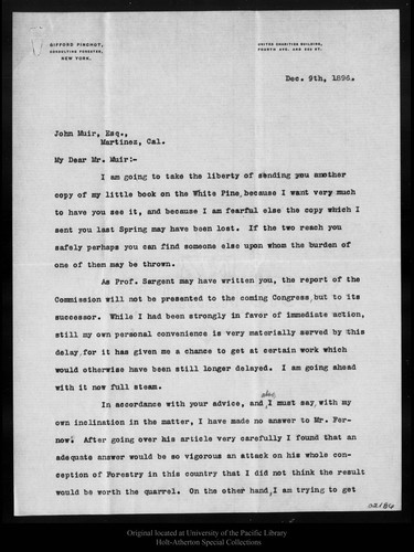 Letter from Gifford Pinchot to John Muir, 1896 Dec 9