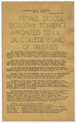Female stooge, Dorothy Torrence, appointed to I.V. Jr. College Board of Trustees