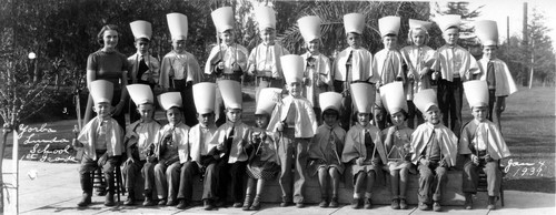 1st grade in band uniforms, Yorba Linda Grammar School, Jan. 1939