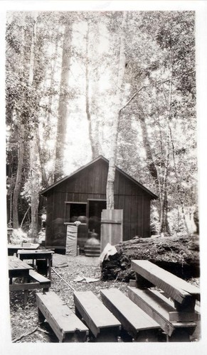 Cabin in the woods with benches and picnic tables outside