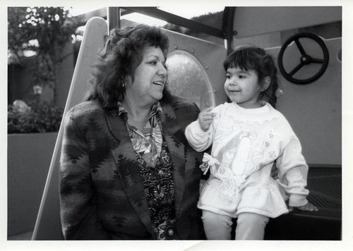 Woman and child posing on playground equipment