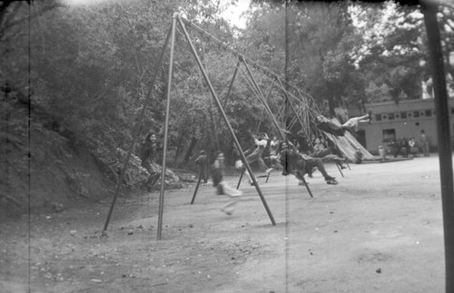 Group of teenage girls playing on swings