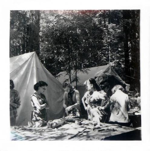 Group of teenage girls working on projects in a forest setting