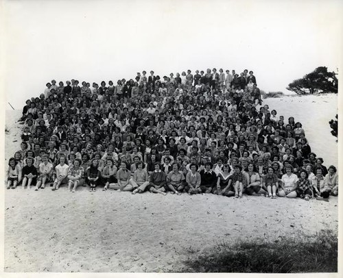 Large group portrait of teenage girls at Asilomar for a Y-Teens Conference