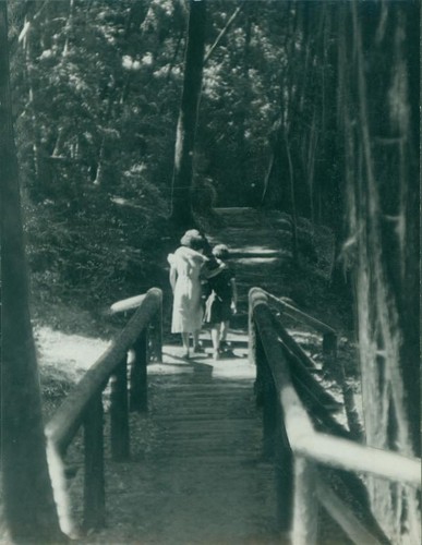 Two female campers walking a trail in Ayun Mapu in Big Basin