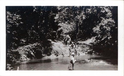 Swimmers at an outdoor swimming hole