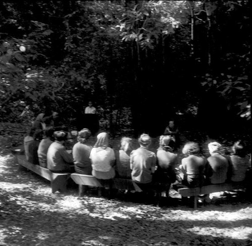 Group of women sitting in the woods listening to a woman at a podium