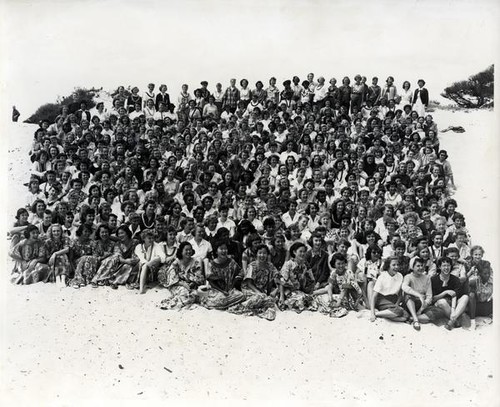 Large group portrait of teenage girls at Asilomar for a Y-Teens Conference