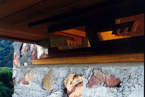 The sawn-wood windows near the front terrace of the Berger residence in San Anselmo [photograph]