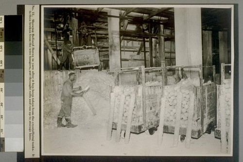 Showing Refined Borax in cars after it has been taken from the crystallizing tanks. It is then broken from the wire hangers, put throught [sic] rolls and run up to storage bins