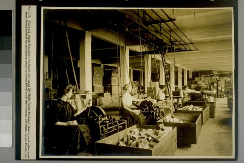 Packing room Bayonne Refinery showing 20 Mule Team Package Borax and other cartons being folded on machines prior to being filled with the various 20 Mule Team Products