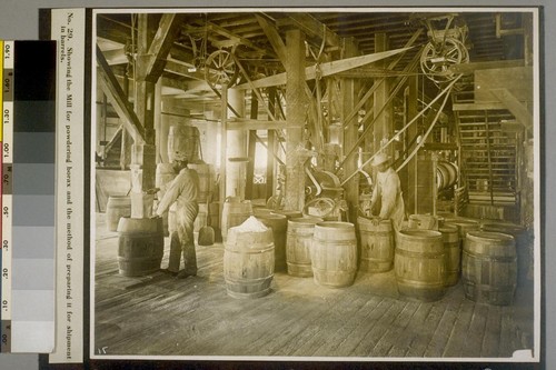 Showing the Mill for powdering borax and the method of preparing it for shipment in barrels