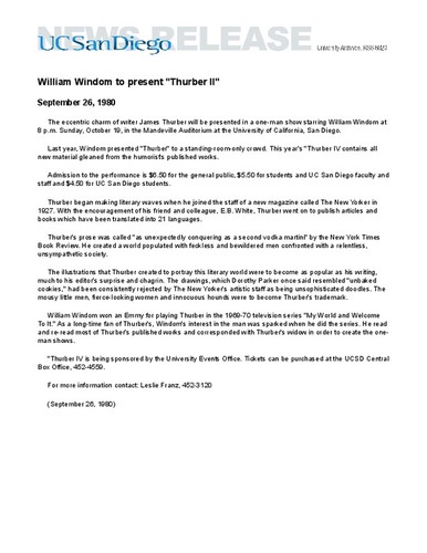William Windom to present "Thurber II"