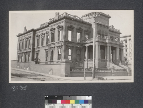 Flood's brown stone residence on Nob Hill, opposite the Fairmount [i.e. Fairmont] Hotel, cost with its paintings and statuary over $2,000,000.00--yet nothing but its cracked and scorched walls remain. Many of the valuable statues were carried into the yards but they were ruined by the intense heat. Photographed May 25, 1906