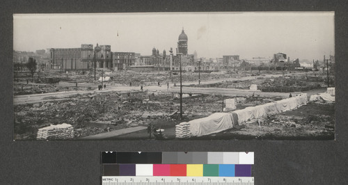 [Cityscape of San Francisco looking northeast from ca. Gough and Page Sts. toward City Hall. During reconstruction.]