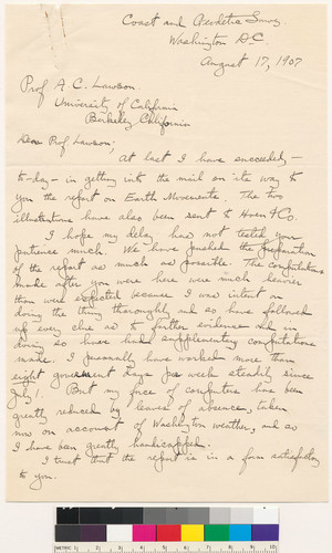 Letter to A.C. Lawson from John F. Hayford: August 17, 1907