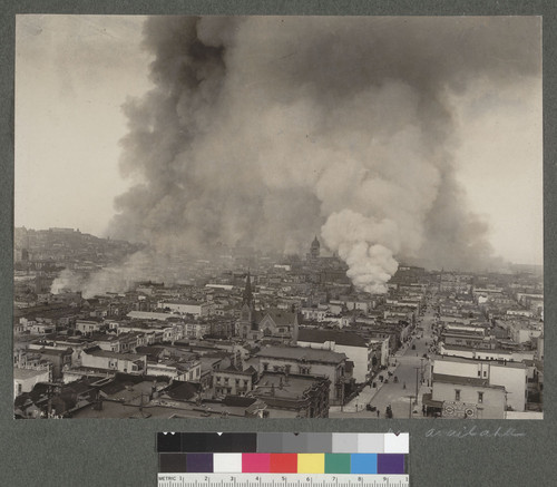 [View east down Fell St. toward Market. City Hall in distance, center; Nob Hill, left.]