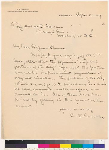 Letter to A.C. Lawson from C.E. Grunsky: April 13, 1907