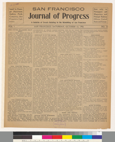 Journal of progress: A Bulletin of Events Relating to the Rebuilding of San Francisco: Vol. 1 No. 22