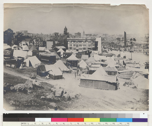 Camp Lake. [Refugee camp at Market and Buchanan Sts. City Hall and Call Building in distance, center. San Francisco. 1906. Photo by Florey?]