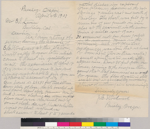 Letters between E.S. Larsen Jr and J. Woodward: March 24, 1907 and April 4 1907