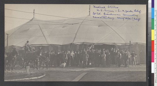 Medical Stores. U.S. Army - Earthquake Relief. Lt. Col. Brechman [?] Commanding, Com. Wollenberg. Chief Aid. (Relief)