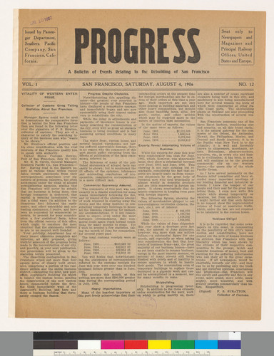 Journal of progress: A Bulletin of Events Relating to the Rebuilding of San Francisco: Vol. 1 No. 12