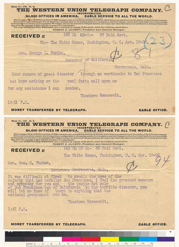 Aid for San Francisco: telegrams from U.S. President Theodore Roosevelt