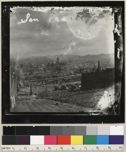 Jones and California Sts. looking southwest, with ruins of City Hall
