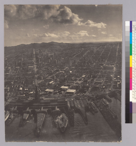 Photograph of San Francisco in Ruins, from Lawrence Captive Airship, 2000 Feet Above San Francisco Bay Overlooking Waterfront. Sunset over Golden Gate. [Center panel.]