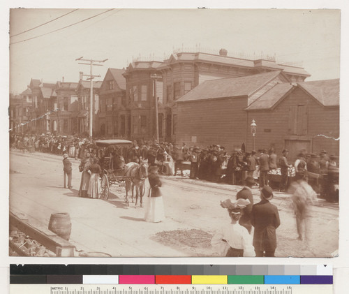 Mission Relief Headquarters Guerrero St. near 25th [Twenty-fifth]. [Relief line along residential street.]