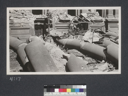 Pillars south side New City Hall thrown into street by earthquake. April 1906. [Duplicte of v.4:26.]