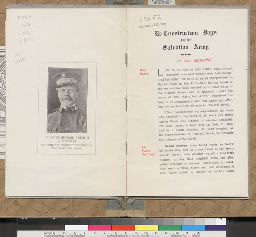 Re-construction days for the Salvation Army : being a brief review of the Army's work in and about San Francisco, prior to April 18, 1906 : and its re-establishment : together with a yearly appeal for funds for the continuance of its work