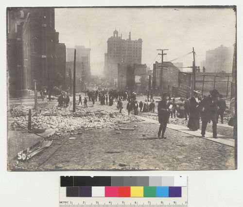 Down California. [No. 50.] [Crowds along California St. From between Dupont (later Grant) and Stockton Sts. St. Mary's Church, corner of Dupont St., left. Merchants' Exchange Building in distance, center.]